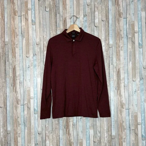 Hugo Boss S Burgundy Red 100% Virgin Wool Knit Polo Pullover Sweater Long Sleeve